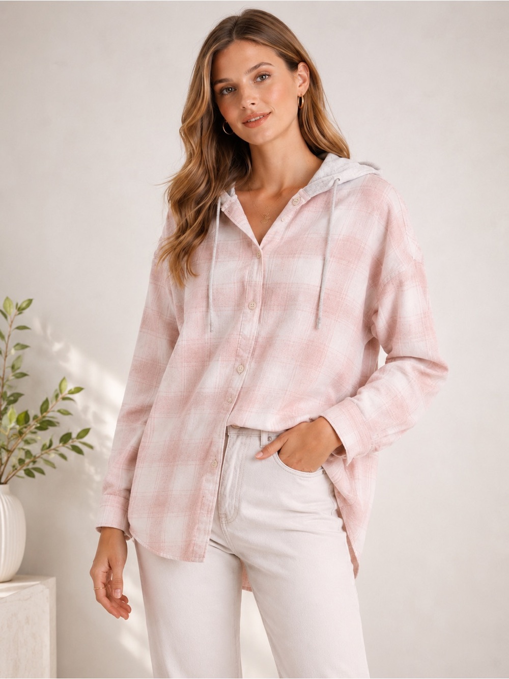 BDG Urban Outfitters Pink Plaid Hooded Flannel Shirt | Oversized Button Down L